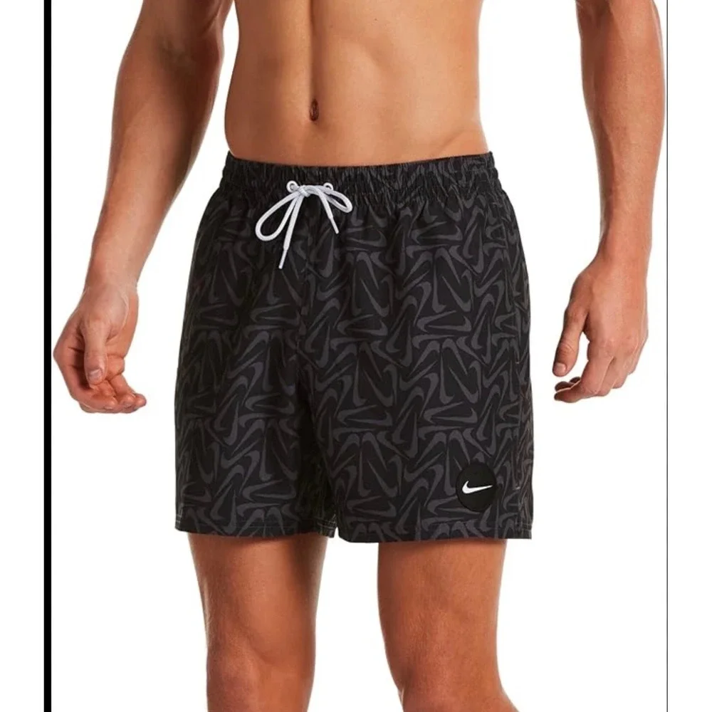 Rare Nike Swim Trunks Men XL Black Swoosh All Over Print Mesh Lined Board Shorts